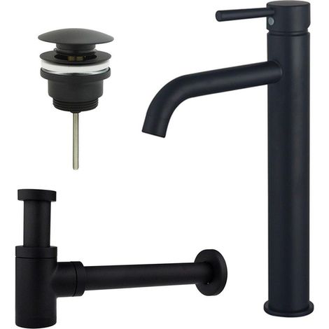 Fortifura Calvi Kit mitigeur lavabo - robinet rehaussé - bonde clic clac - siphon design bas - Noir mat
