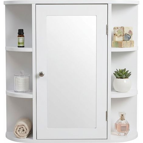 Relaxdays Spiegelschrank, 6 Ablagen, 4 Innenfächer, HxBxT: 58 x 61 x 18 cm, Wandmontage, Badezimmer Hängeschrank, weiß