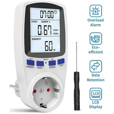 Compteur de coût énergétique, grand écran LCD, protection contre les surcharges 3680W, compteur intelligent avec 7 modes, avec un tournevis (1/5)
