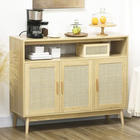 Aparador de Estilo Cannage Mueble Buffet Auxiliar con Puertas de Rejilla y Patas de Madera 120x40x97cm Natural (1/5)