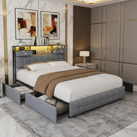 Lit avec tiroirs 140x200 cm en velours, lit adulte capitonné, 4 tiroirs latéraux + 2 tiroirs tête de lit, éclairage LED et port USB, sommier à lattes en bois - Gris