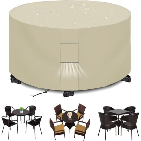 Housses pour Mobilier de Jardin Exterieur Imperméable Housse Table de Jardin Protection avec Grilles D'aération Housse Salon de Jardin 420D Rond Bache Table Anti-UV Beige (188x84cm)