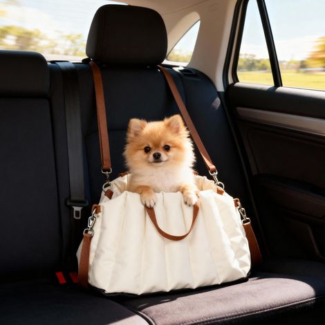 Seggiolino auto per cani di piccola taglia fino a 5 kg con cintura di sicurezza, base antiscivolo e rivestimento sfoderabile.