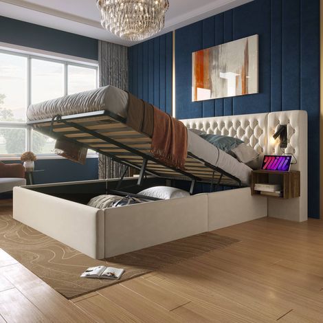 Lit double 180 x 200 cm en velours beige avec coffre de rangement, 2 chevets, led et usb, sans matelas (1/5)