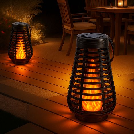 Lampes solaires pour l'extérieur, lampe de table solaire LED, lampe suspendue, jardin, lanterne LED, effet flamme, avec effet de lumière dansante, 1x batterie LED, DxH 18x26 cm, lot de 2