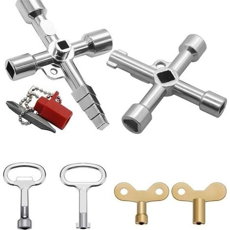 4 Voies Clé Multifonction 6 Pièces, Clé Triangle Clé de Interrupteur de Robinet Clé en Croix Universelle Clef Passe Partout, pour Compteur Eau Radiateurs Compteurs Gaz Ascenseurs Coffret Electrique (1/5)