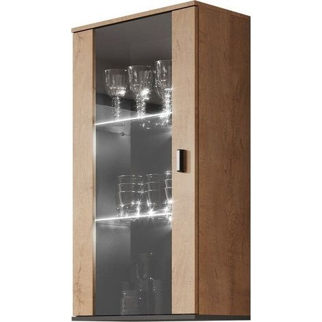 Armario de pared Tornola 103, Roble de lefkada + Negro, 116x60cm, Número de puertas: 129cm, Aglomerado laminado, Vidrio, LED