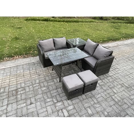 Fimous Outdoor Garden Furniture Sets 6 Pieces Wicker Rattan Furniture Sofa Sets with Rectangular Dining Table Love Sofa 2 Small Footstool Side Table (1/5)