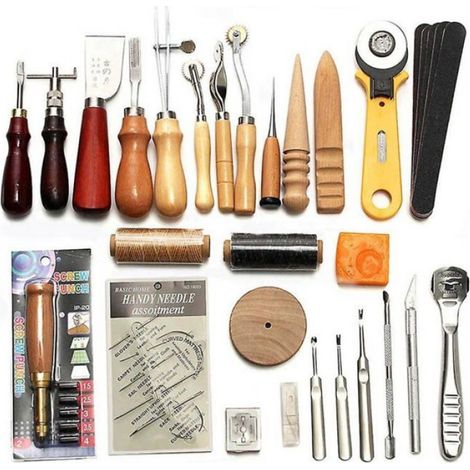 Kit Maroquinerie - 37 Pièces - Outils Cuir Main Couture Poinçon Sculpture Rainureuse - Pour Artisanat Cuirs - 1 Lot (1/4)