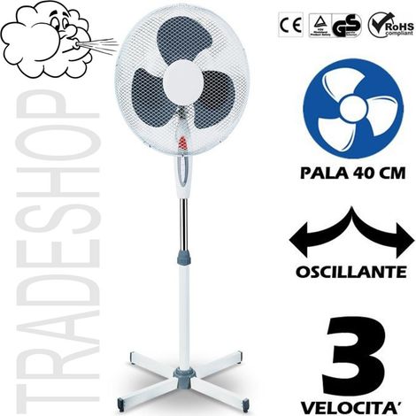 Trade Shop - Oszillierender Standventilator, 40 cm Flügel, 3 Geschwindigkeiten, Kreuzfuß, 45 W, farbig -