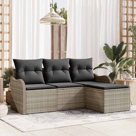 Gartensofa-set mit Kissen 4 pcs Hellgrau Poly-Rattan