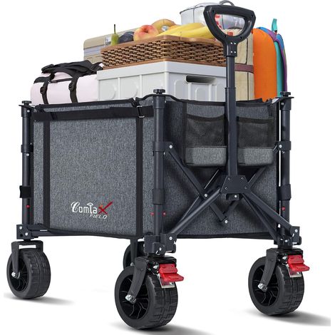 Chariot à main pliable avec grandes roues tout-terrain, 120 L, 100 kg, chariot pliable avec freins, chariot de plage pour plage, jardin, camping, shopping, gris (1/5)