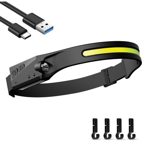 Lampada Frontale LED Ricaricabile USB, Torcia Frontale Potente a LED, Lampada Frontale COB da Campeggio Impermeabile con Modalità Sensore per Escursionismo, Ciclismo, Passeggiate con il Cane, Pesca (1/4)