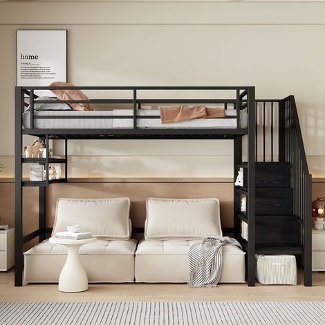 Lit mezzanine 90x200 cm - Noir - Étagères intégrées - Échelle de rangement - Barrière de sécurité (1/5)