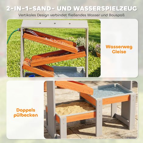 Table d'activités eau et sable en bois grise, 2 bacs, circuit aquatique, bac à sable enfant 3-8 ans (1/4)