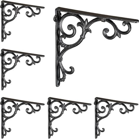 6x Staffe per Mensole, Supporti dal Design Barocco, Reggimensola Angolari per Scaffali, Stile Vintage, Nero