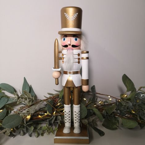 30cm Wooden Christmas Nutcracker Soldier Decoration in White and gold (1/4)