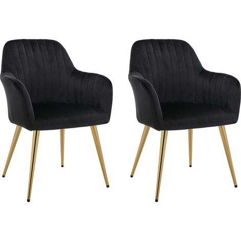 Lot de 2 chaises avec accoudoirs en velours et métal doré - Noir - ELEANA