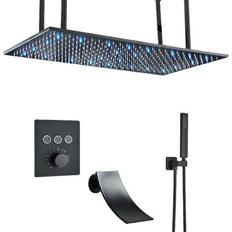 Ensemble de douche, fonction LED, douchette cascade et pluie, Noir Mat J (1/2)