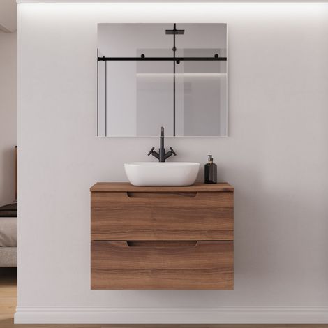 Meuble de salle de bain 80cm avec plateau et vasque à poser arrondie - 2 tiroirs - noyer (bois foncé) - SONRIZA (1/5)