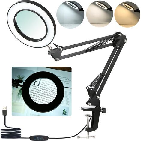 Flexible clip-on table lamp with 8x magnifying glass, swivel arm, dimmable LED, desk lamp, 3 color modes and 10 brightness levels, for reading, working, and studying (1/5)