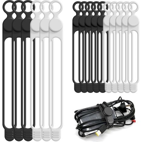 Lot de 16 attaches de câbles en silicone réutilisables de 10,7 cm et 18 cm, accessoires électroniques pour la maison, le bureau, la cuisine, l'école, les voyages (noir et blanc) (1/5)