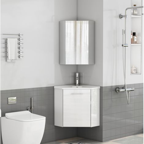 Meuble de salle de bain d'angle avec vasque en céramique et armoire à miroir, blanc brillant DESVIAE (1/5)
