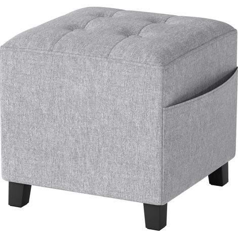 Pouf quadrato piccolo con tasca laterale, rivestimento effetto lino, grigio chiaro (1/4)