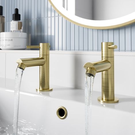 Basin Sink Pillar Tap Pair Round Single Lever Taps Brushed Brass (1/5)