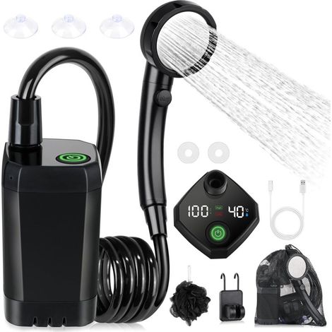 Kit Douche de Camping, Douche Portable,Pompe de Douche Électrique Rechargeable,Imperméable, avec Afficheur Intelligent et Pomme de Douche 4 Modes pour Extérieure,Camping,Randonnée (1/5)