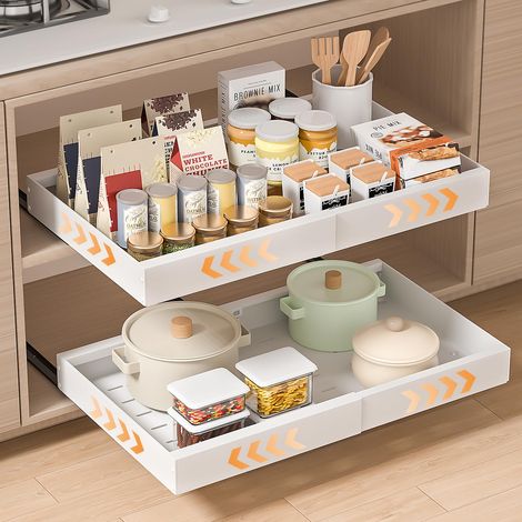 Lot de 2 Tiroir Coulissant Cuisine Adhesif: Rangement Coulissant Placard Cuisine - Plateau Coulissant à Largeur Réglable Blanc (1/5)
