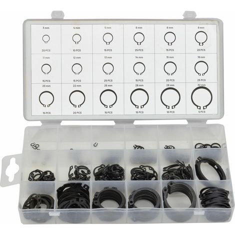 Juego de anillos de retención externos Awtools, 300 piezas, tamaños variados, ideales para asegurar componentes en ejes, fabricados en acero de alta calidad, duraderos y resistentes.