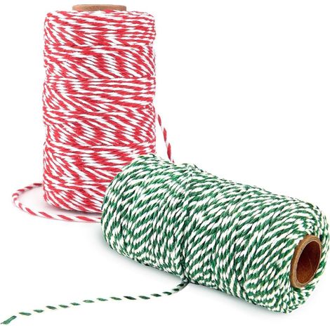 Lot de Cordons en Coton, 2 Rouleaux de 100 m chacun, Ficelle de Cuisine Rouge-Blanc et Vert-Blanc de 2 mm de diamètre, idéale comme Ficelle, Ruban de Noël (1/5)