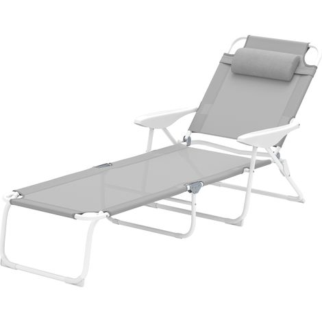 Transat pliant avec dossier et appui-tête réglables et structure en métal 160 x 66 x 98 cm Gris et blanc (1/5)