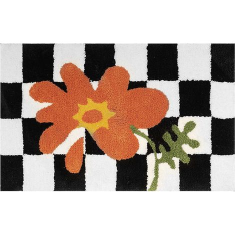 Tapis de sol antidérapant damier noir et blanc avec fleur orange pour salle de bain, cuisine, salon 50x80 cm (1/5)