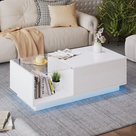 REDOM Table basse 100x50x33cm Éclairage LED pilotable Panneau de particules Mécanisme à vérin gaz blanc (1/5)