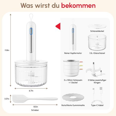 Kabelloser Zerkleinerer Küche Elektrisch, 4000mAh Multizerkleinerer mit USB-C Aufladung, 1.5L Glas & 3x 100ml Schalen, 5 Edelstahlklingen für Fleisch, Gemüse, Babynahrung