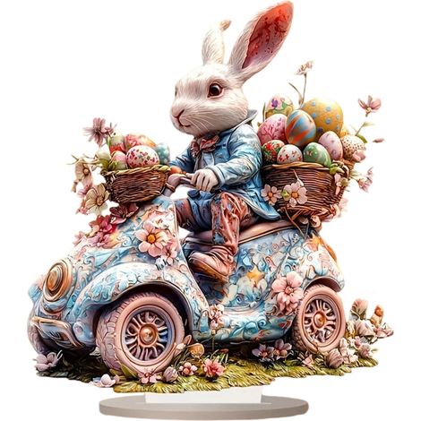 Rabiot De Pâques - Décor En Acrylique 2D - Voiture Miniature Avec Œufs Fleuris - Pour Bureau Chambre Salon - 1 Pièce (1/5)