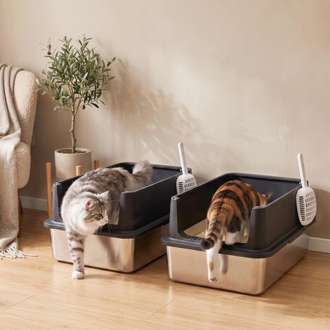 Lot de 2 bacs à litière pour chat en acier inoxydable, format XL avec couvercle à bords hauts, 60 x 40 x 30 cm (1/5)