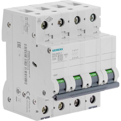 Siemens – Disjoncteur tétrapolaire 20A Courbe C – 4 pôles – Tension 440V AC/DC – Fréquence 50Hz – Pouvoir de coupure 6 kA
