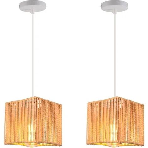 2x Lustre Suspension Luminaire Vintage,Lampe de Plafond en Rotin et Métal Abat-jour Design Carré Lampe Rétro pour Salon Café (1/5)