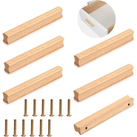 6 Pièces Poignee de Meuble en Bois, Poignée Bois avec Vis pour Armoire, Espacement des Trous 64 mm de Poignée de Meuble Placards en Bois, Poignées de Cuisine en Bois Universelles pour Les Placa (1/5)