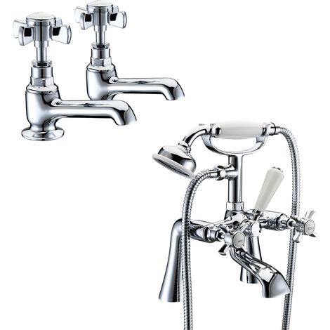 Edwardian Traditional Style Twin Basin Taps & Bath Shower Mixer Tap With Handheld Kit
