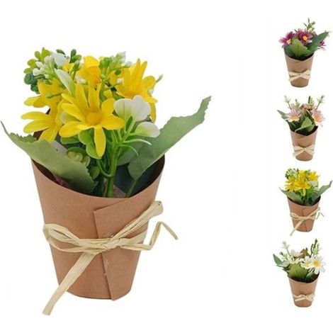 TRADE SHOP - Set 12 Pz Bouquet Di Fiori Finti Piantina Margherite 4 Colori Con Cartoncino Fiocco 656839 - (1/3)