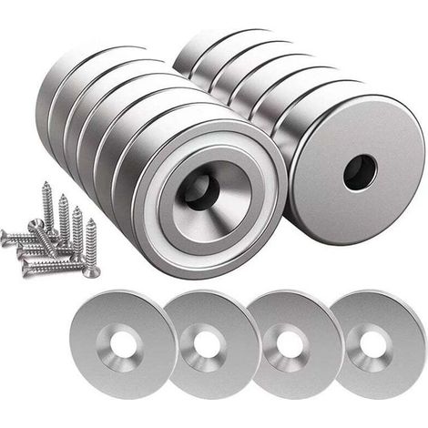 12 pièces Aimants en néodyme 10 KG force 20 x 7 mm avec trou et capsule, aimant en pot fraisé avec vis et 12 coussins en acier (Argent Brillant) (1/4)