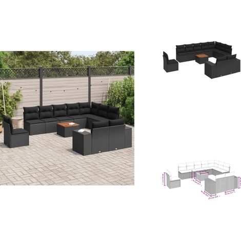 11-tlg. Garten-Sofagarnitur mit Kissen Schwarz Poly Rattan - Gartenmöbel - Esszimmergarnituren - Outdoor Möbel - Lounge Set - Rattan Gartenmöbel