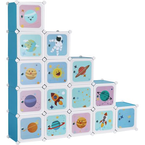 Meuble de Rangement Enfant 15 Cubes, Armoire modulable avec Portes, Étagère en Plastique, pour vêtements, Chaussures, Jouets, Sacs d'école, 153 x 31 x 153 cm, Bleu LPC902Q01 (1/5)