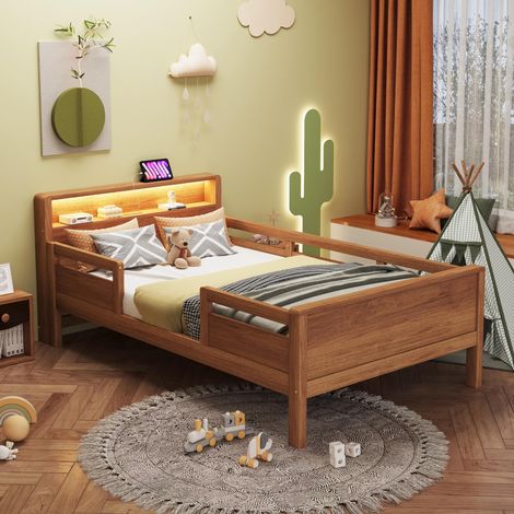 Lit en bois 90x200cm, prise combinée USB et RCA, petite lampe LED, tête de lit avec rangement, lit enfant, lit simple, lit multifonctionnel, bois de pin, finition bois., garantie 2 ans