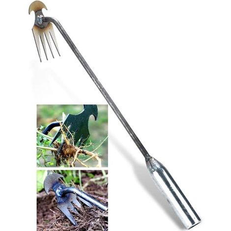 Desherbador manual exterior – Herramienta de jardinería de 4 dientes – Extractor de malas hierbas para césped y jardín, elimina raíces (mango de hierro 50 cm) (1/4)