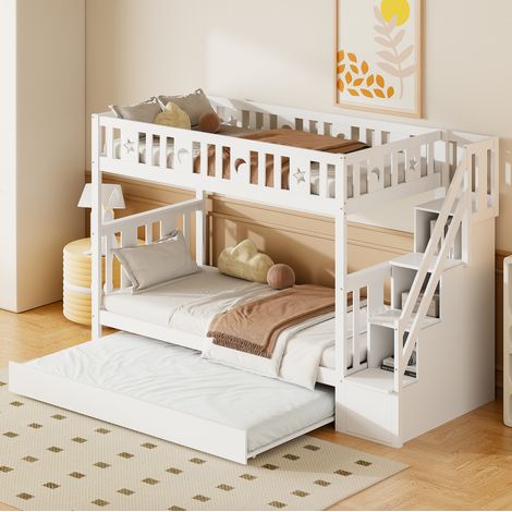 DESVIAE Lit superposé enfant avec lit gigogne 90 x 200 cm bois blanc escalier de rangement motif lune et étoiles sommier à lattes (1/5)